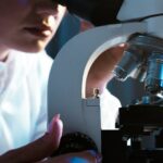 Scientist examining samples with a microscope in a laboratory setting.