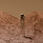 Astronaut in detailed spacesuit explores a Mars-like rocky landscape outdoors, evoking sci-fi adventure.