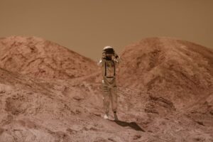 Astronaut in detailed spacesuit explores a Mars-like rocky landscape outdoors, evoking sci-fi adventure.