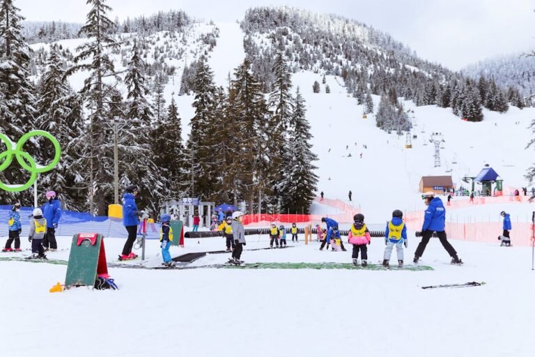 Children learning to ski during a winter lesson at a snow-covered mountain resort.