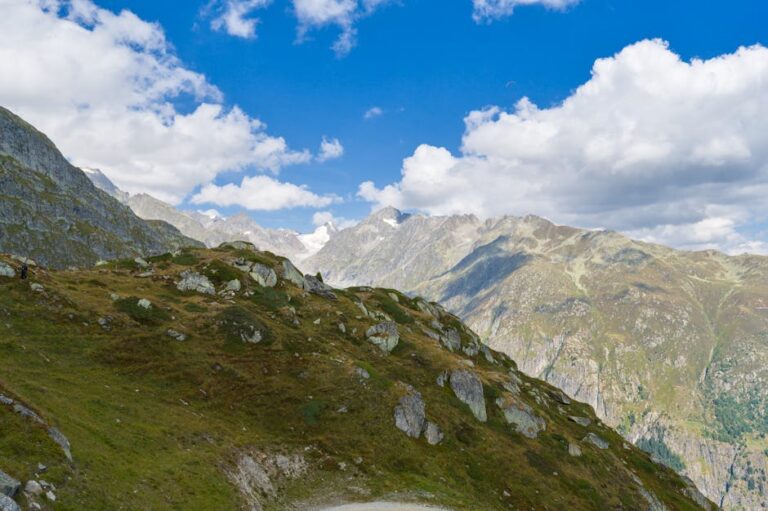 Breathtaking view of the Swiss Alps with lush greenery and rugged peaks under a deep blue sky.